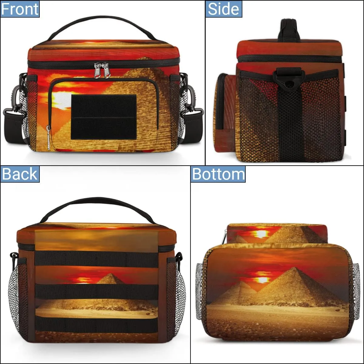 Lunch Bag for Women & Men,With Side Pockets And Shoulder Strap,Food Handbags Case High Capacity for Work Picnic or Travel-Egypt Pyramids