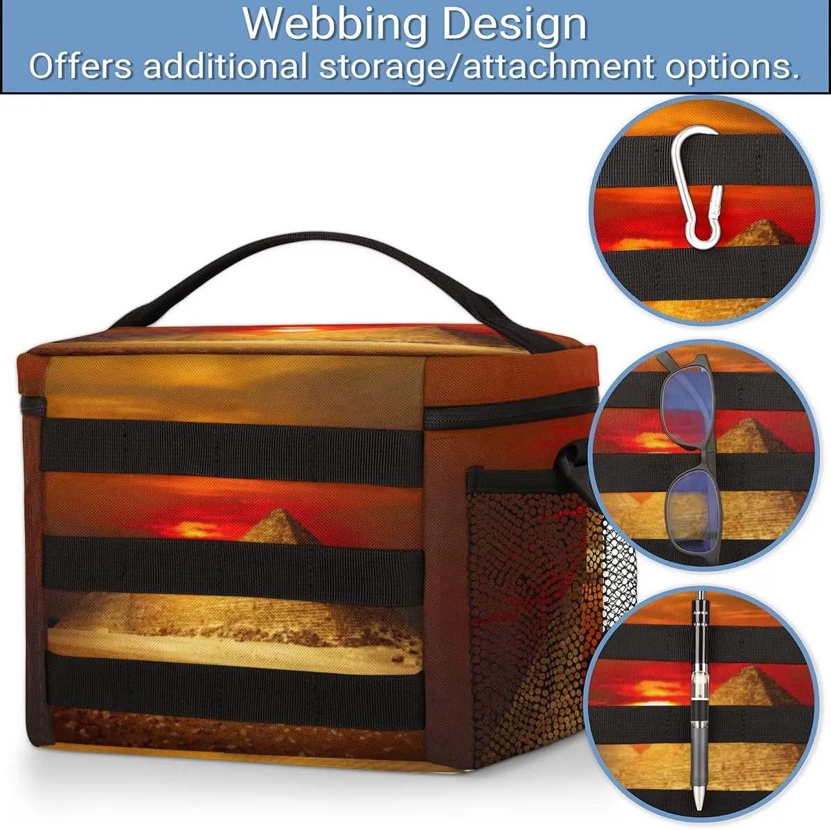 Lunch Bag for Women & Men,With Side Pockets And Shoulder Strap,Food Handbags Case High Capacity for Work Picnic or Travel-Egypt Pyramids