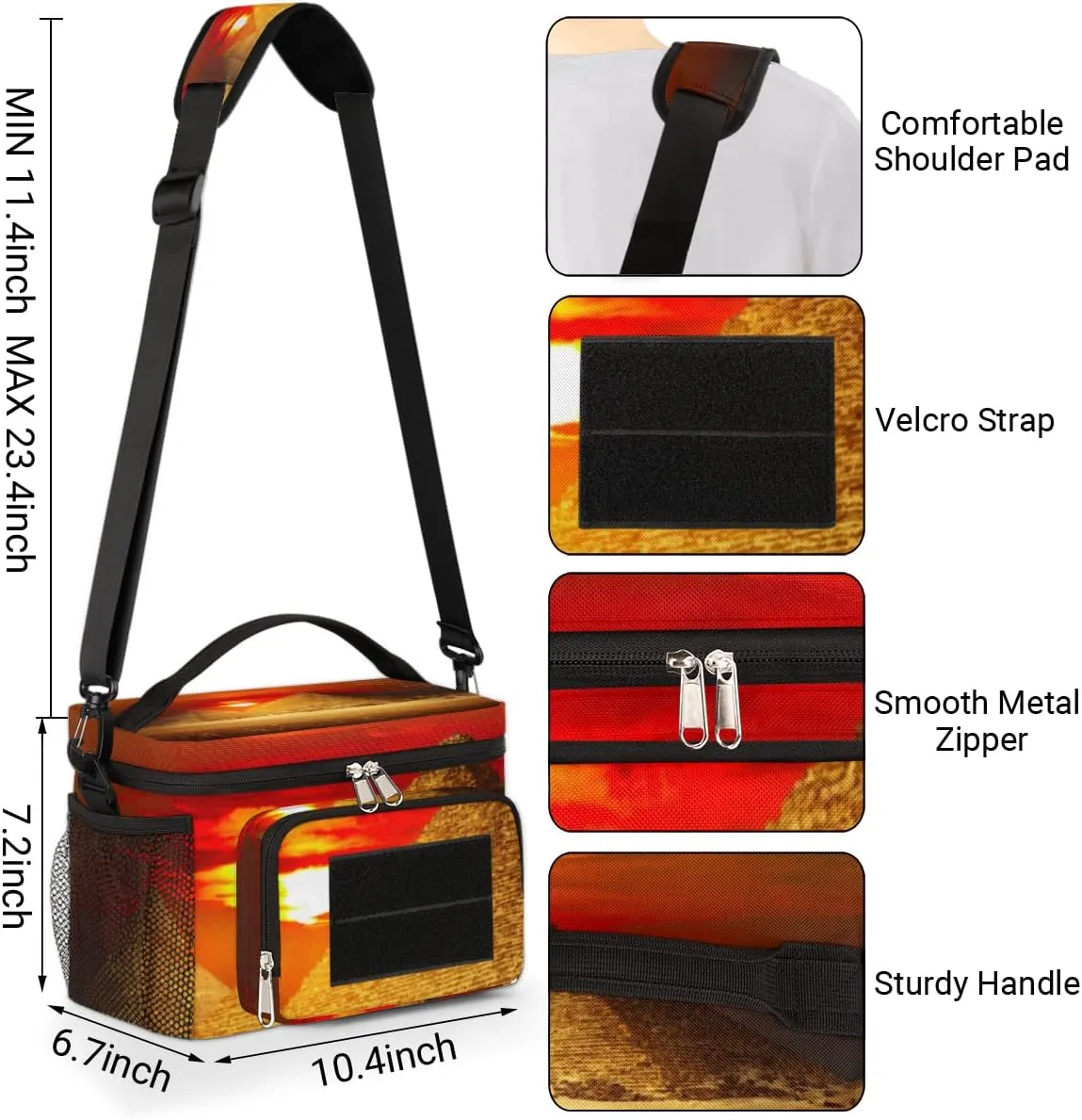 Lunch Bag for Women & Men,With Side Pockets And Shoulder Strap,Food Handbags Case High Capacity for Work Picnic or Travel-Egypt Pyramids