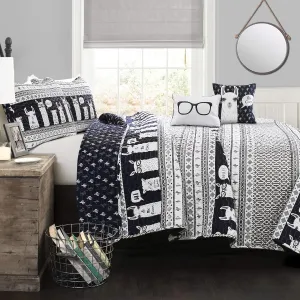Lush Decor Navy Llama Striped 5-Piece Quilt Bed Set, Full/Queen