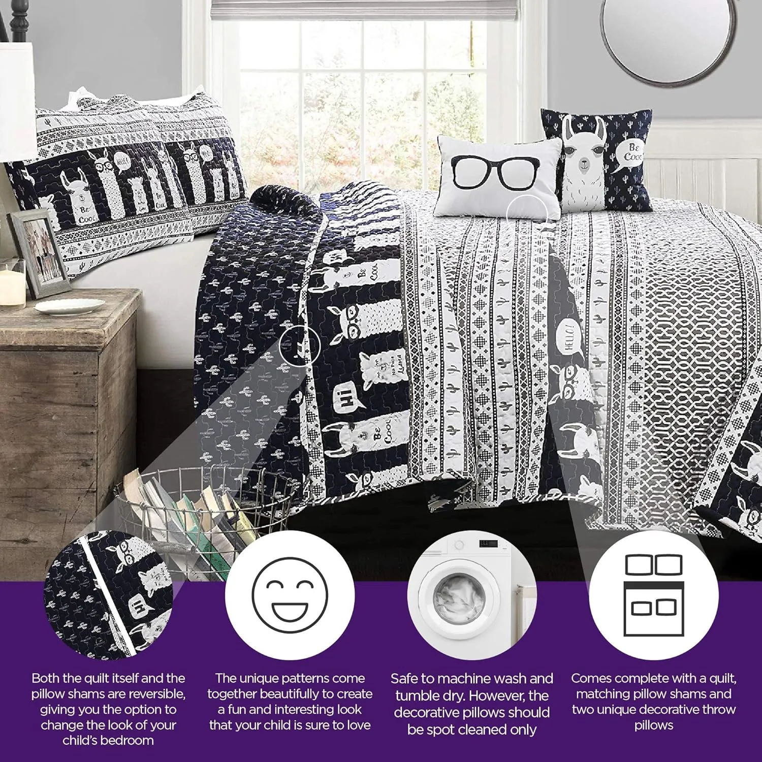 Lush Decor Navy Llama Striped 5-Piece Quilt Bed Set, Full/Queen