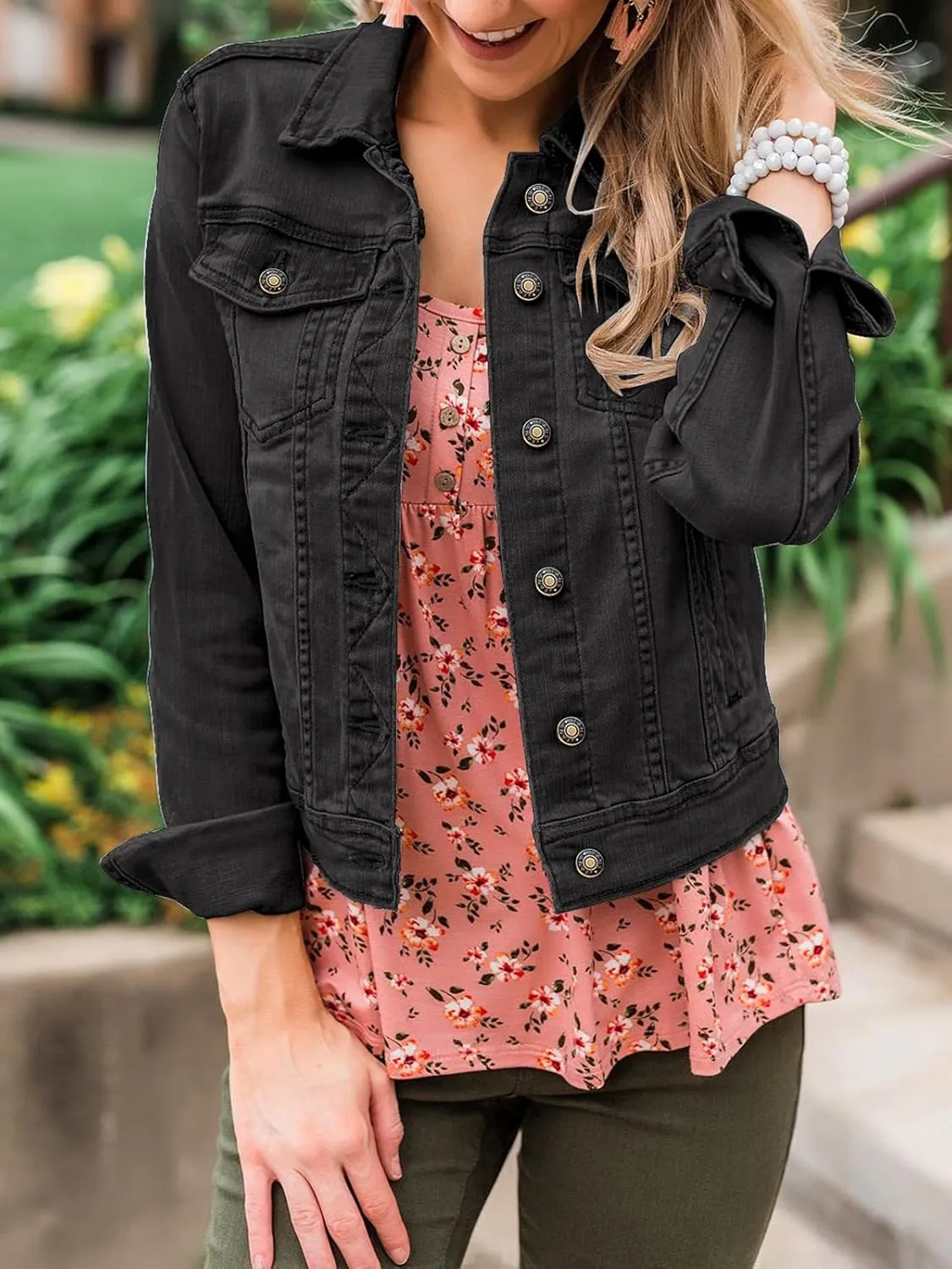 luvamia Women's Basic Button Down Stretch Fitted Long Sleeves Denim Jean Jacket