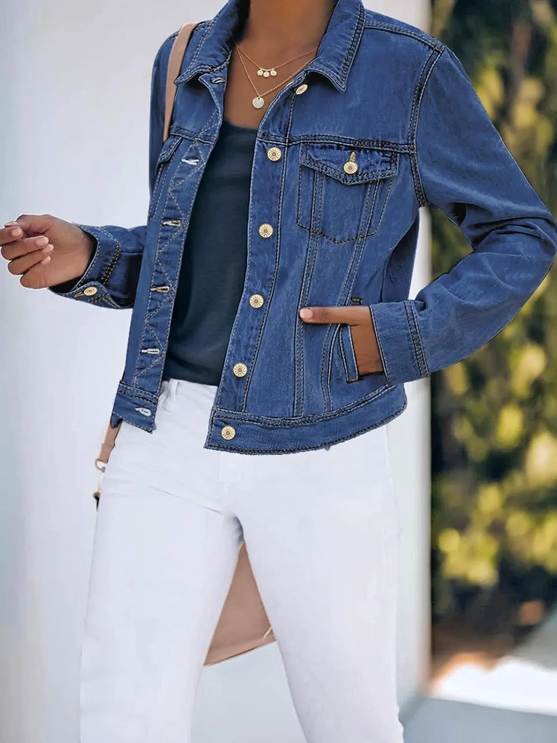 luvamia Women's Basic Button Down Stretch Fitted Long Sleeves Denim Jean Jacket