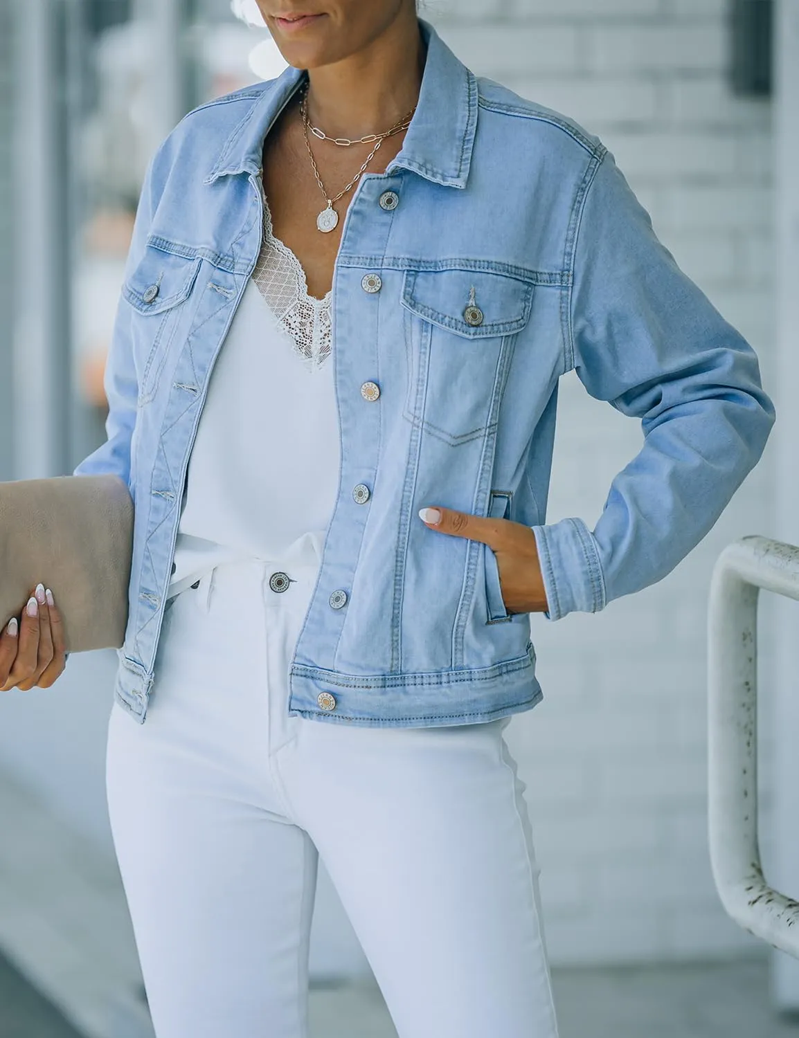 luvamia Women's Basic Button Down Stretch Fitted Long Sleeves Denim Jean Jacket