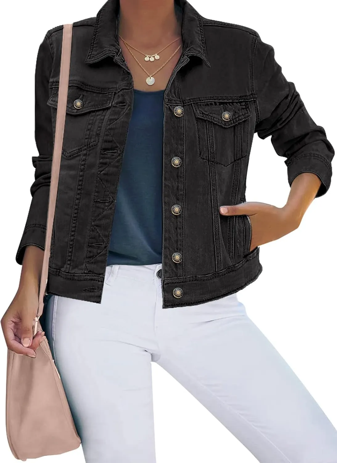 luvamia Women's Basic Button Down Stretch Fitted Long Sleeves Denim Jean Jacket