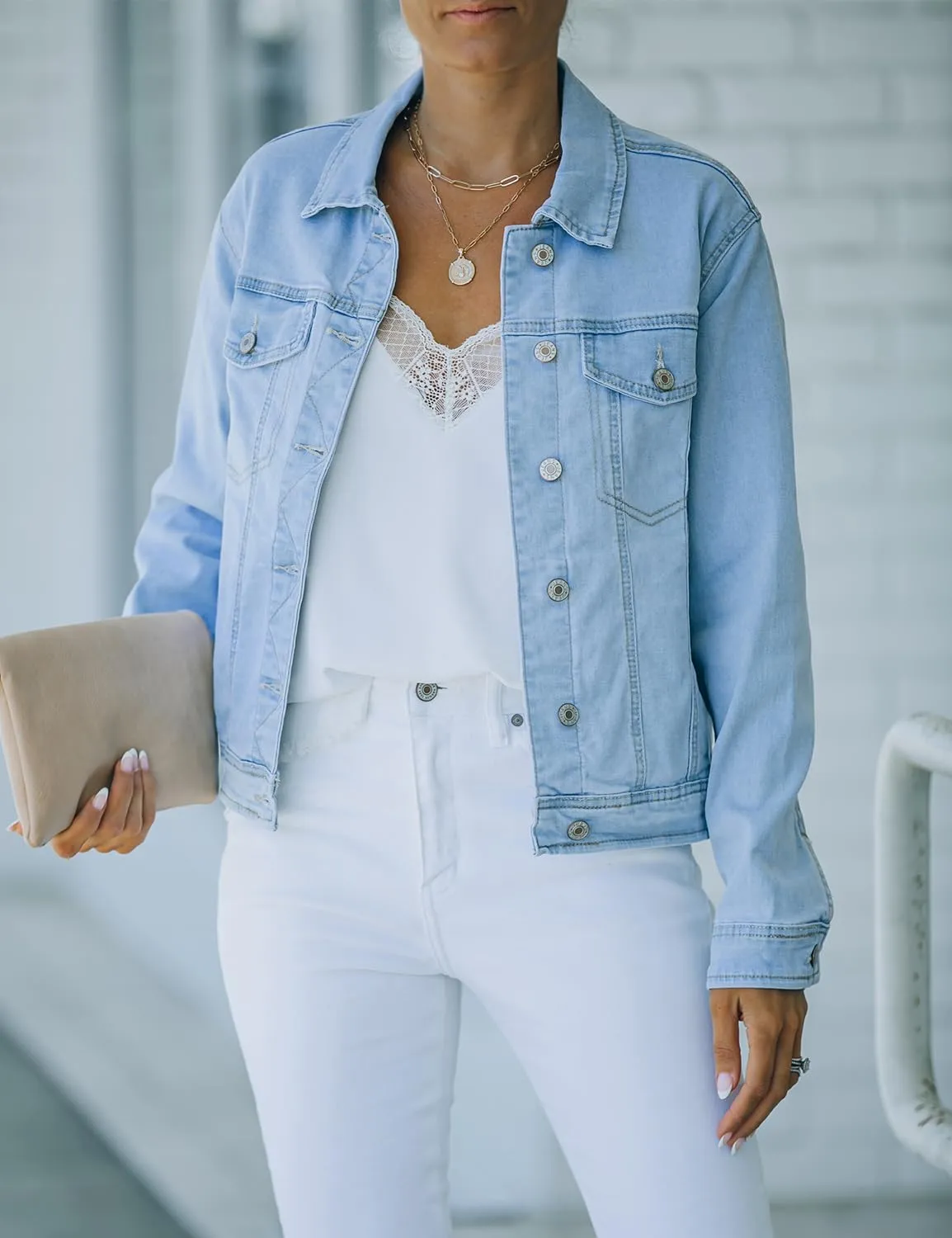 luvamia Women's Basic Button Down Stretch Fitted Long Sleeves Denim Jean Jacket