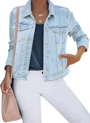 luvamia Women's Basic Button Down Stretch Fitted Long Sleeves Denim Jean Jacket