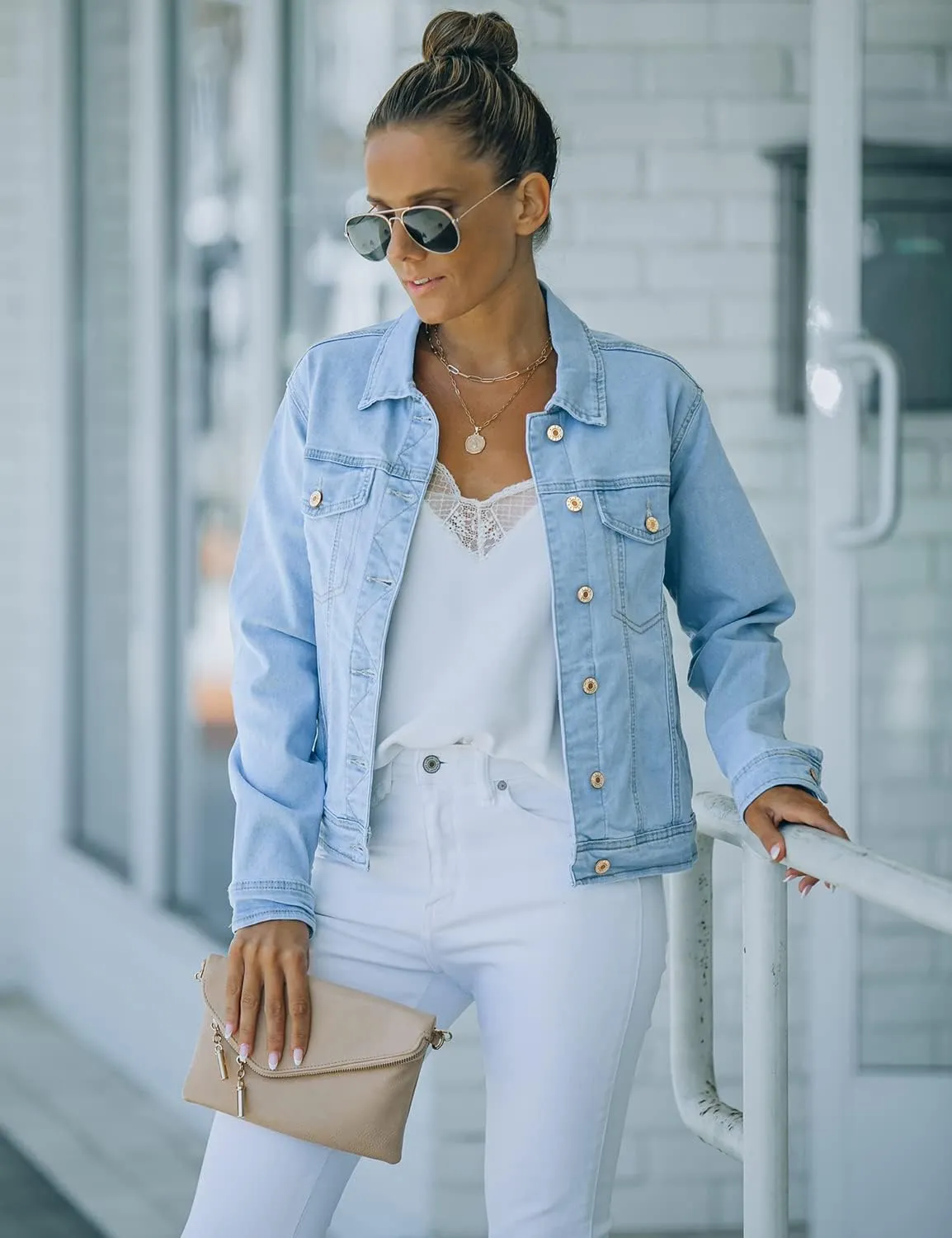 luvamia Women's Basic Button Down Stretch Fitted Long Sleeves Denim Jean Jacket
