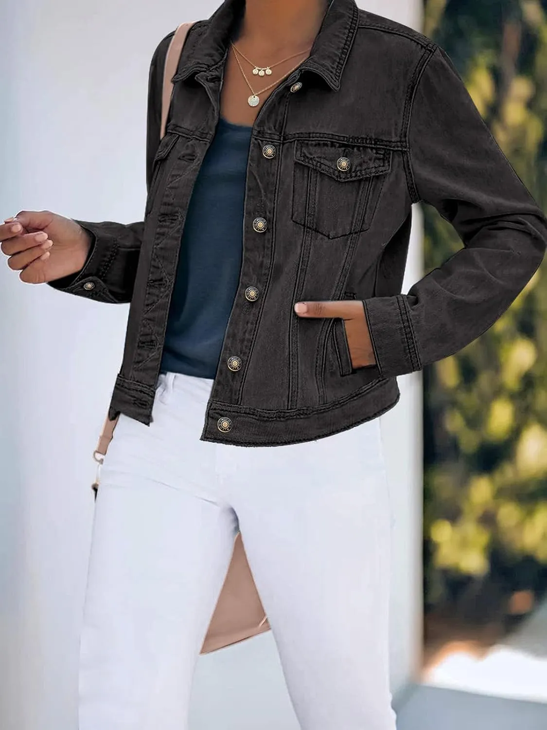 luvamia Women's Basic Button Down Stretch Fitted Long Sleeves Denim Jean Jacket