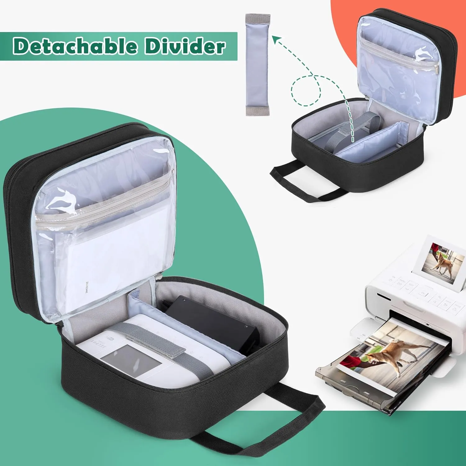 LUXJA Photo Printer Case Compatible with Canon SELPHY CP1500 / CP1300 / CP1200, Photo Printer Bag with Accessory Pockets, Black