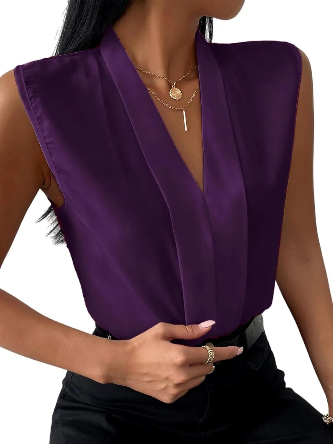 LYANER Women's Elegant V Neck Pleated Sleeveless Blouse Work Shirt Tank Top Solid Baby Blue X-Large