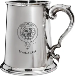 MacLaren Family Crest Polished Pewter 1 Pint Tankard with Scroll handle
