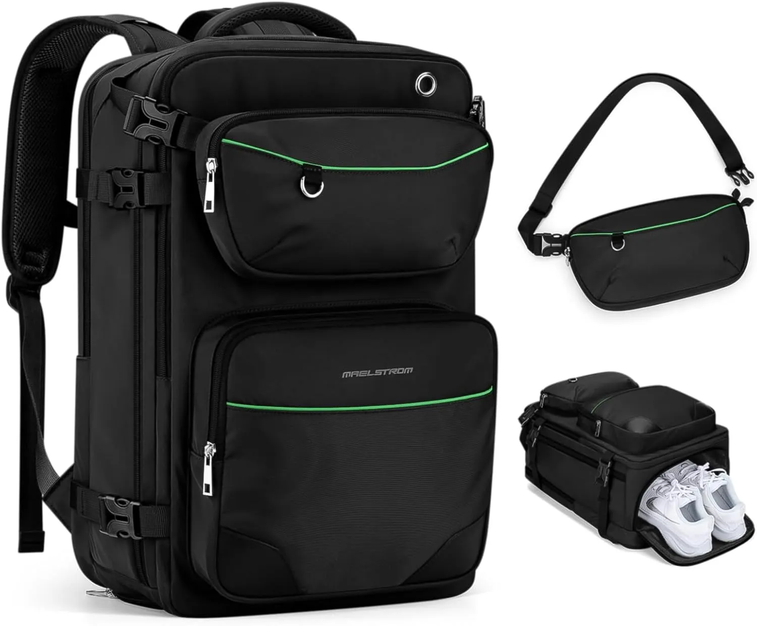 Maelstrom Travel Backpack for Men Women, 35L Carry on Backpack for Traveling on Airplane,with Belt Bag&Shoe Compartment,Waterproof Laptop Backpack fit 17”Laptop-Classic Black, Large