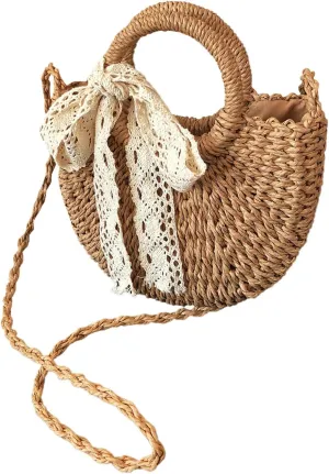MakeMeChic Women's Bow Knot Double Handle Single Strap Medium Straw Bag Tote Handbags