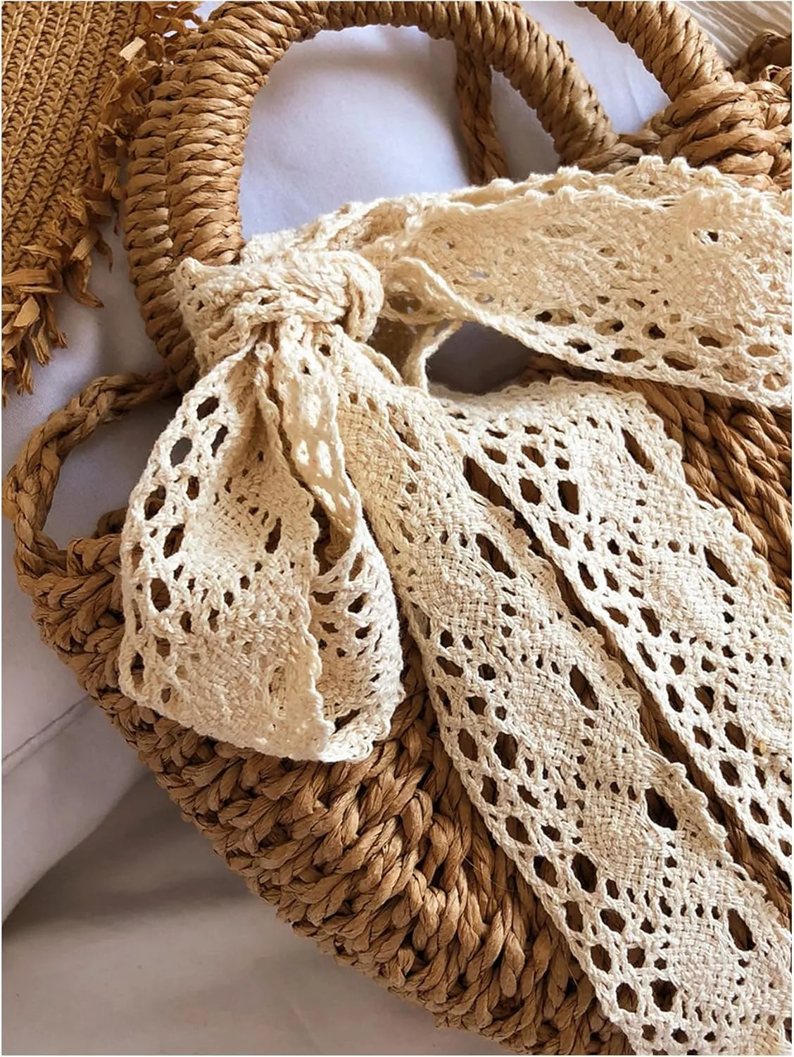 MakeMeChic Women's Bow Knot Double Handle Single Strap Medium Straw Bag Tote Handbags