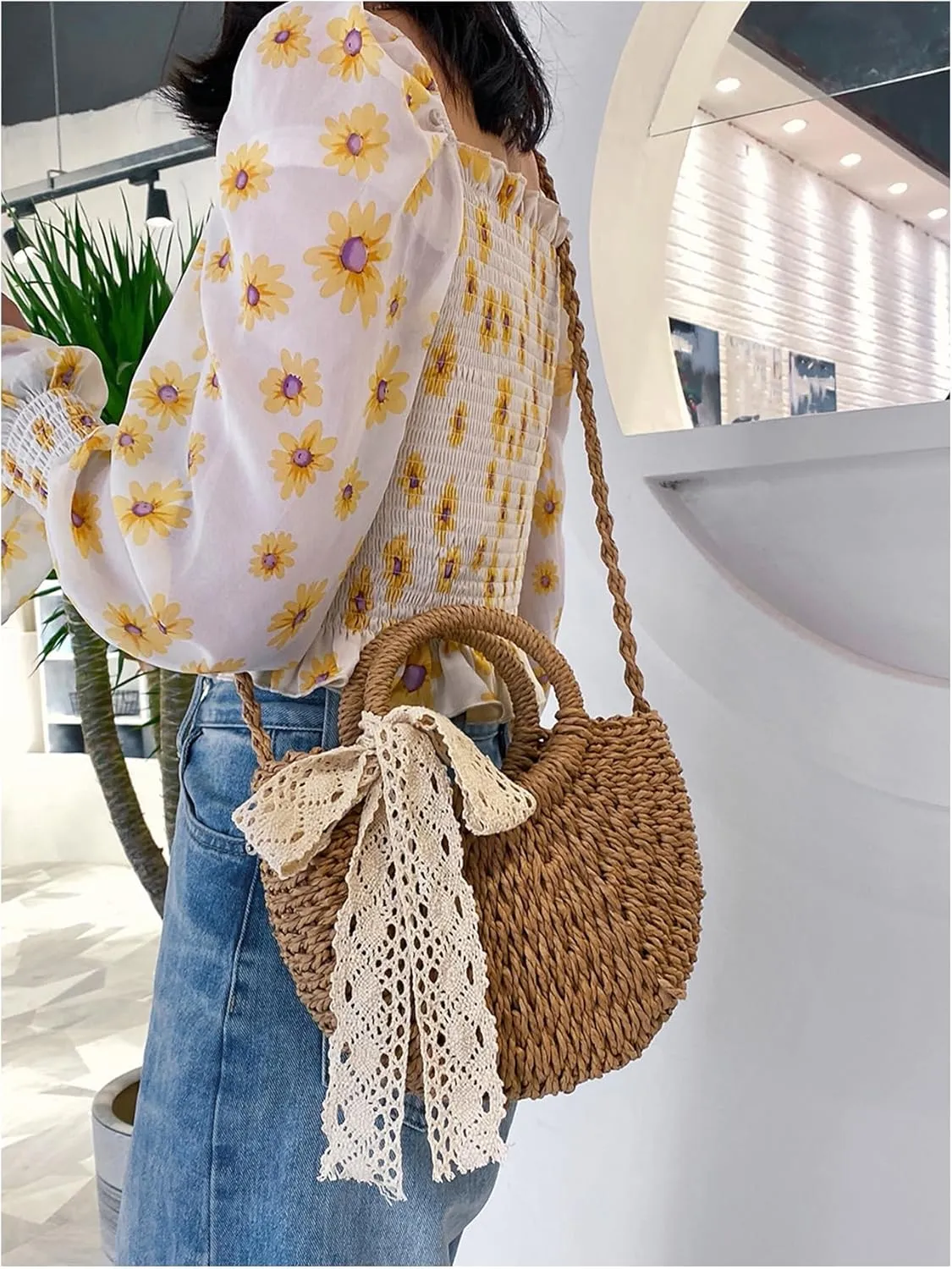 MakeMeChic Women's Bow Knot Double Handle Single Strap Medium Straw Bag Tote Handbags