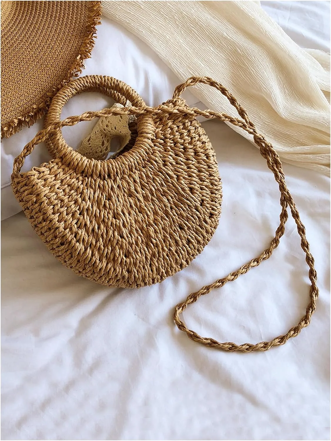 MakeMeChic Women's Bow Knot Double Handle Single Strap Medium Straw Bag Tote Handbags