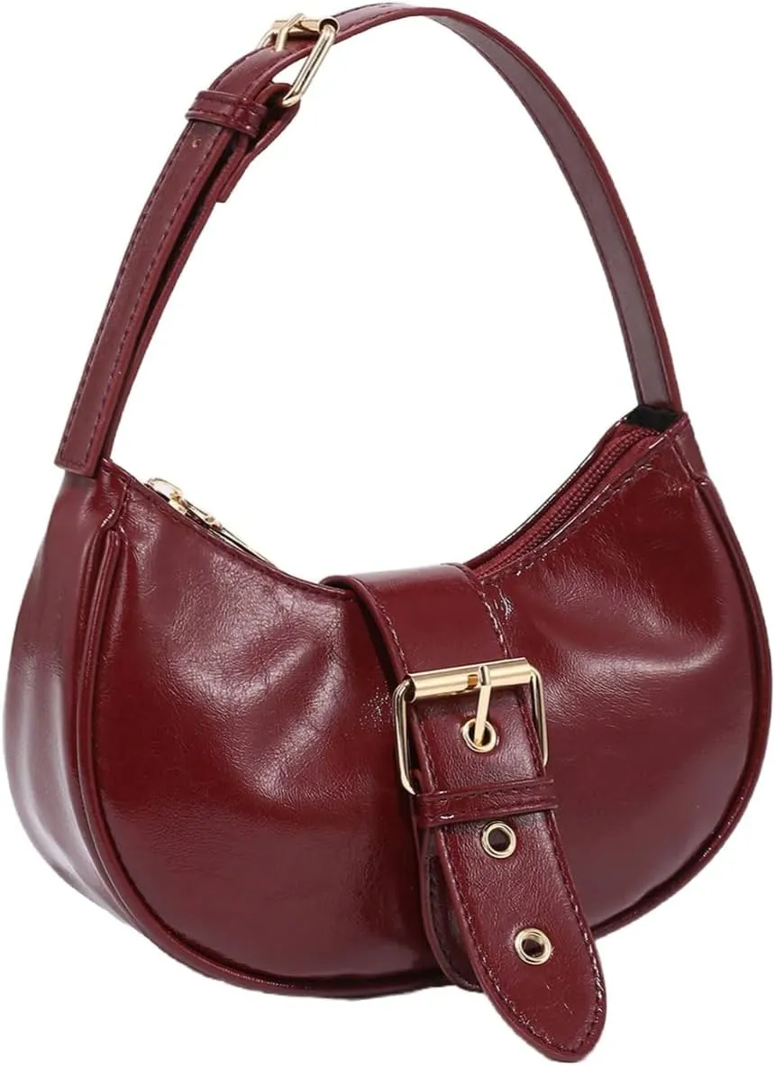 MakeMeChic Women's Buckle Handbag PU Leather Handle Zipper Satchel Mini Crescent Bags