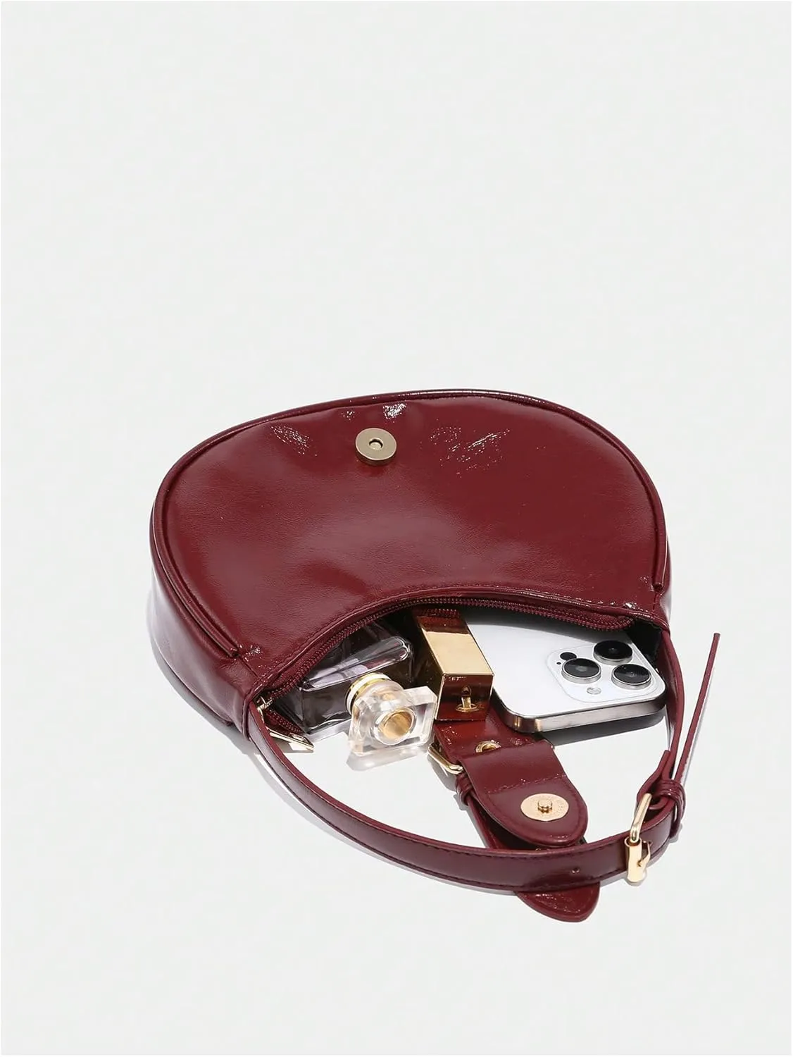 MakeMeChic Women's Buckle Handbag PU Leather Handle Zipper Satchel Mini Crescent Bags