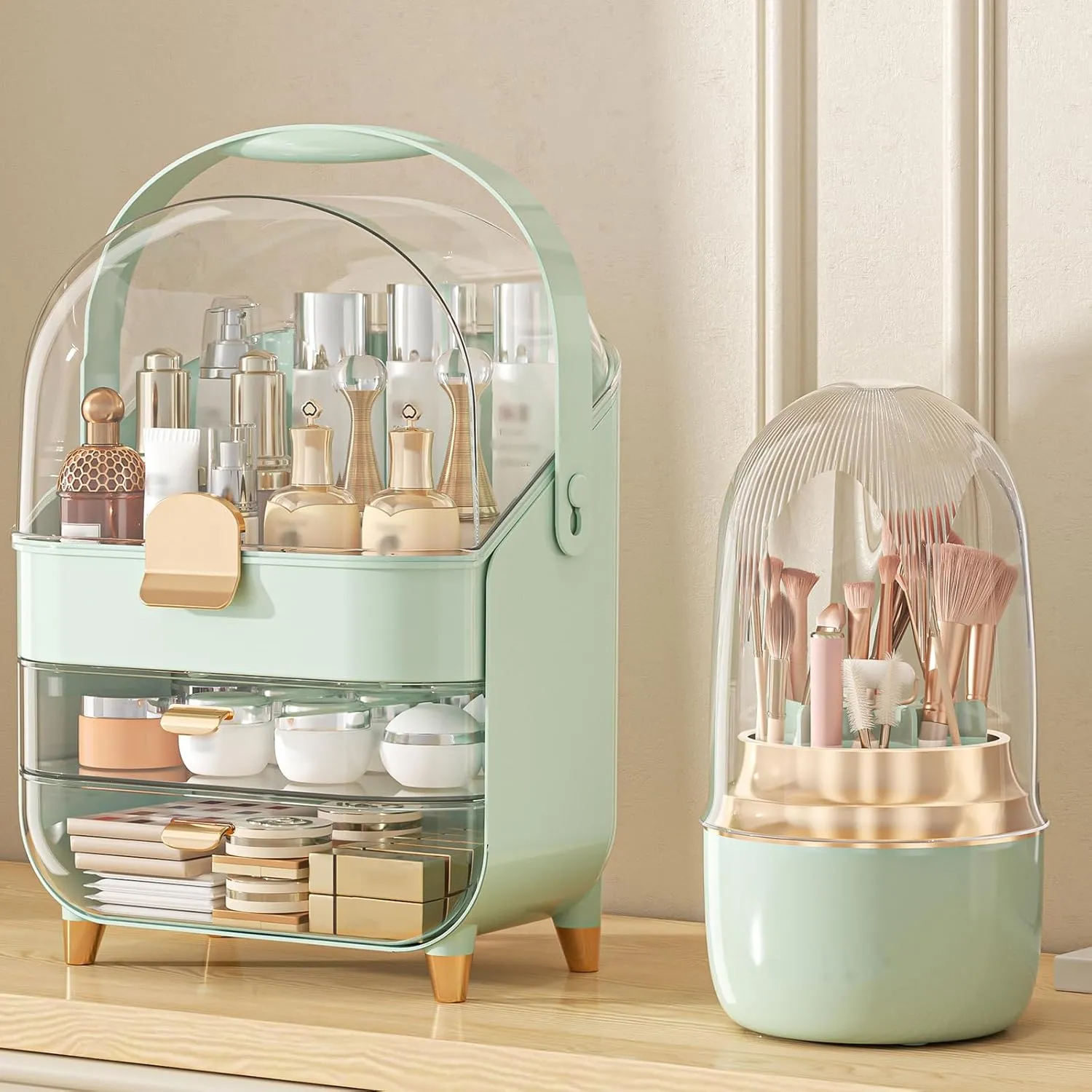 Makeup Organizer, Skincare Holder Bathroom Counter Organizer, Storage Box Cosmetic Display Cases, Teen Girl Gifts Trendy Stuff Make up Organizers for Vanity, Dresser, Countertop (Green)