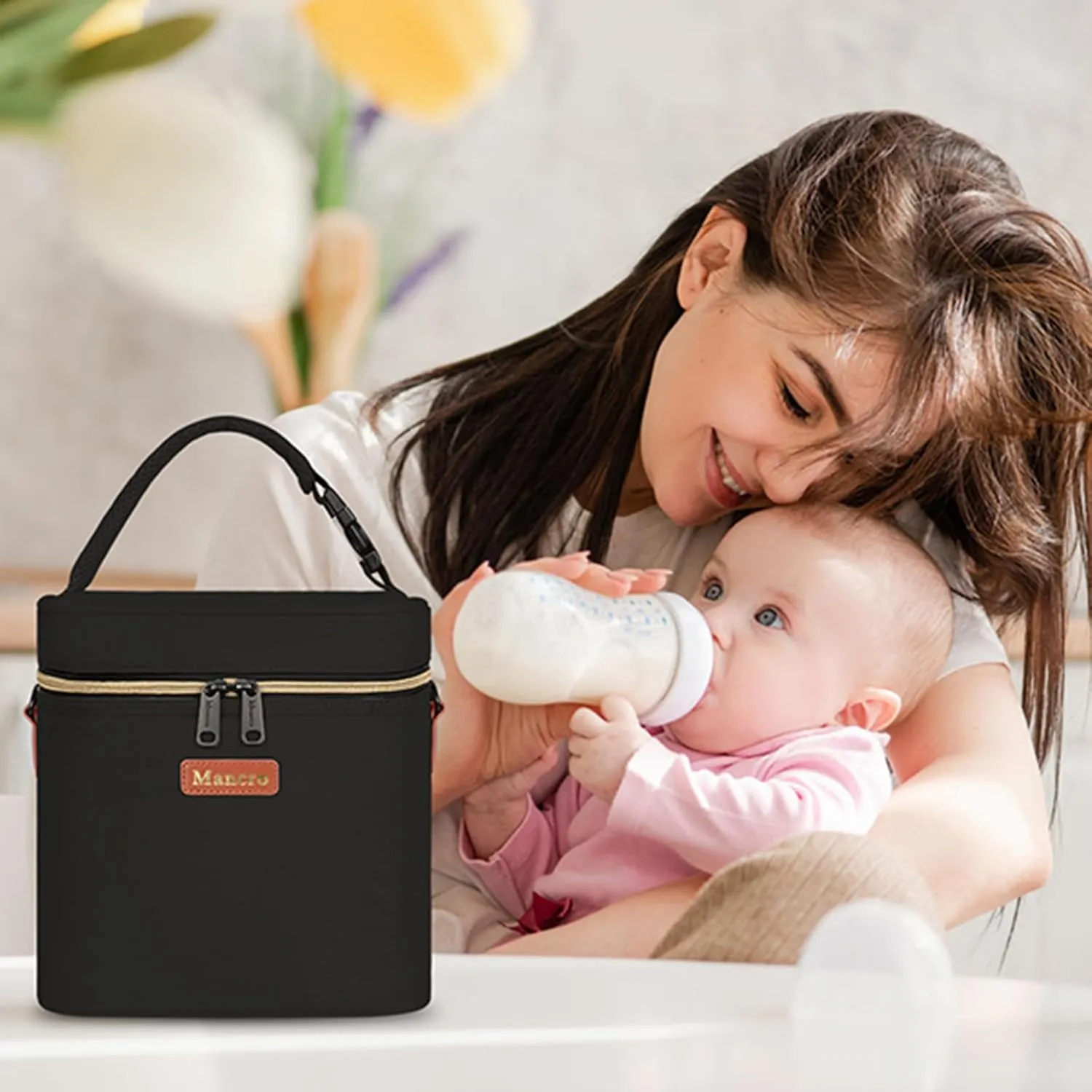 Mancro Breastmilk Cooler Bag Travel, Fits 4 Baby Bottles Up to 9 Ounce, Baby Bottle Bag with Ice Pack, Insulation Breast Milk Cooler Travel, Black