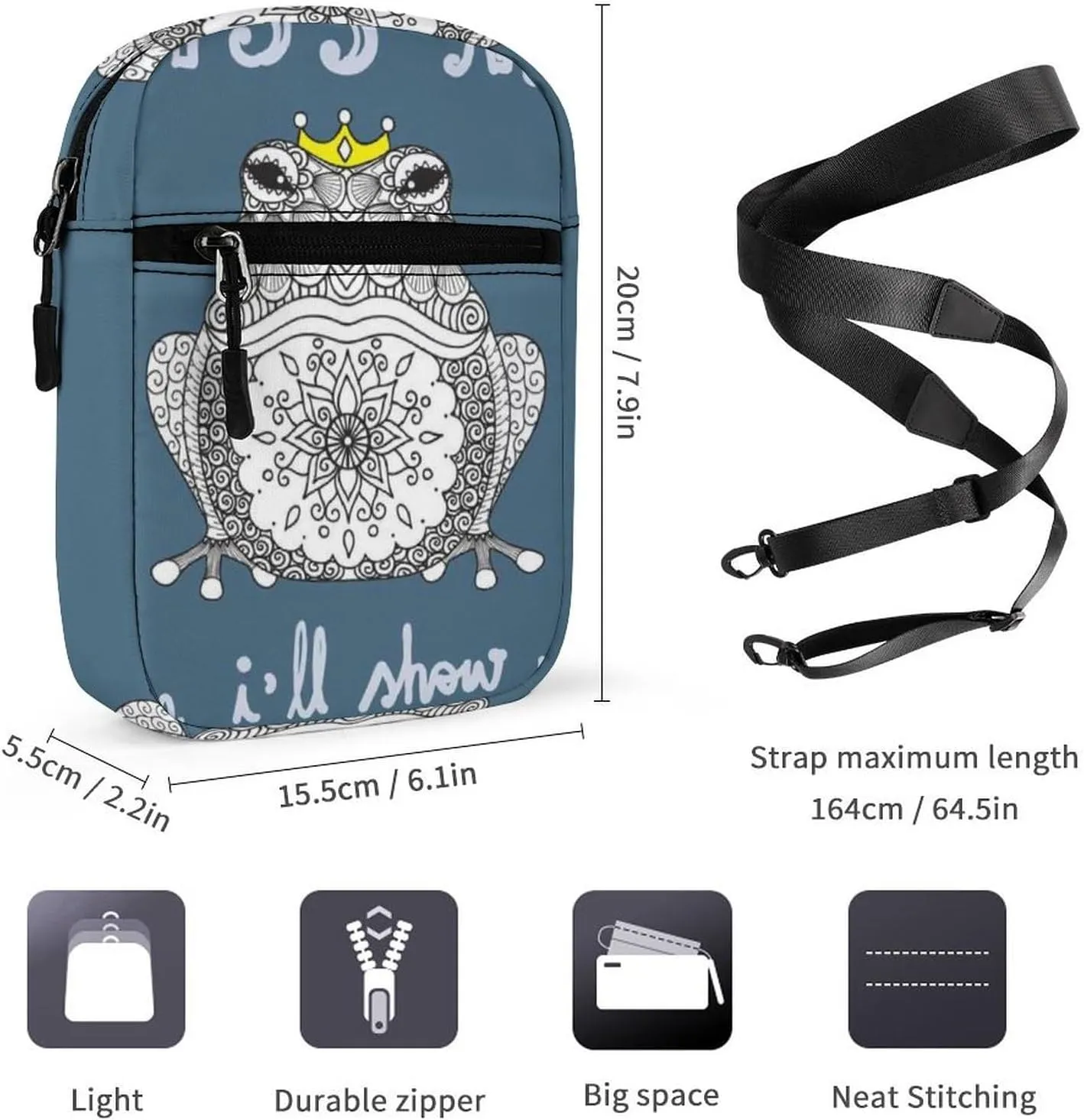 Mandala Art Frog KISS ME THEN I WILL SHOW YOU THE REAL ME Adjustable Fanny Waist Pack Pouch, Waterproof Crossbody Runners Bag Wallet for Gym Hiking Fitness Women Men 6.1 x 2.2 x 7.9 inch