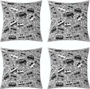 Manfei Cartoon Cars Gray Throw 16"x16" Pillow Covers 4 Pack,Traffic Vehicles Geometric Lines Graffiti Double Sides Print Cushion Covers,Cute Bus Truck Taxi Square Couch Pillow Covers