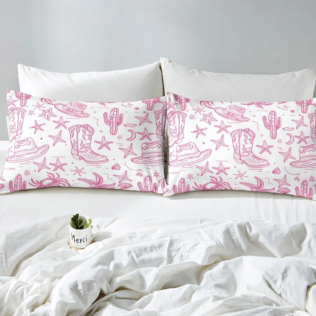 Manfei Cowgirl Boot Bedding Set Coastal Style Starfish Comforter Cover Southwest Cactus Plant Duvet Cover Boys Girls Room Decor Soft Polyester Twin Bedding Collection 2Pcs,No Comforter