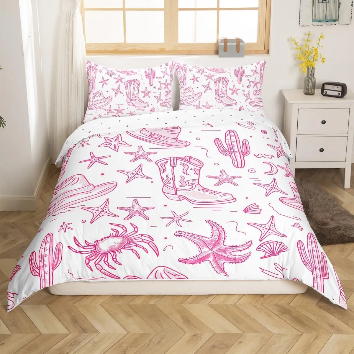 Manfei Cowgirl Boot Bedding Set Coastal Style Starfish Comforter Cover Southwest Cactus Plant Duvet Cover Boys Girls Room Decor Soft Polyester Twin Bedding Collection 2Pcs,No Comforter
