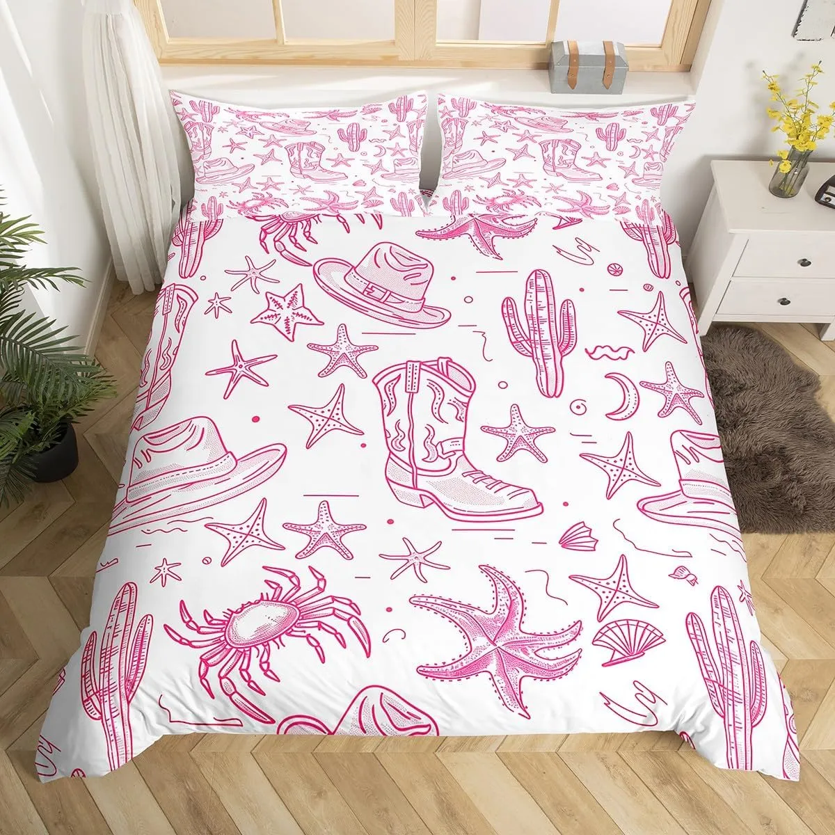 Manfei Cowgirl Boot Bedding Set Coastal Style Starfish Comforter Cover Southwest Cactus Plant Duvet Cover Boys Girls Room Decor Soft Polyester Twin Bedding Collection 2Pcs,No Comforter