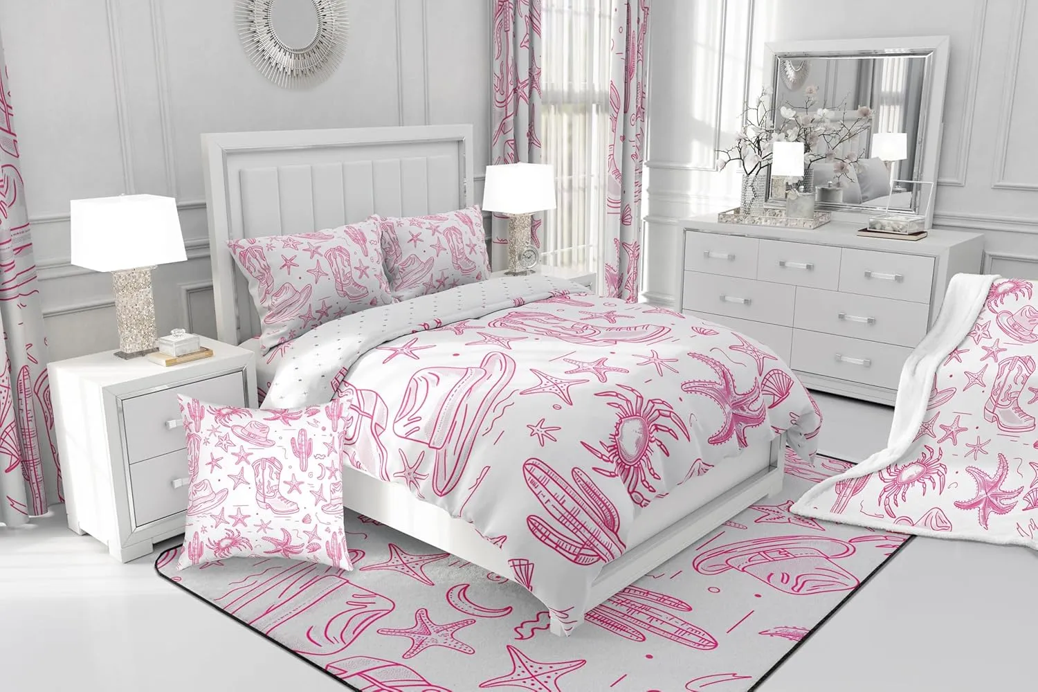 Manfei Cowgirl Boot Bedding Set Coastal Style Starfish Comforter Cover Southwest Cactus Plant Duvet Cover Boys Girls Room Decor Soft Polyester Twin Bedding Collection 2Pcs,No Comforter
