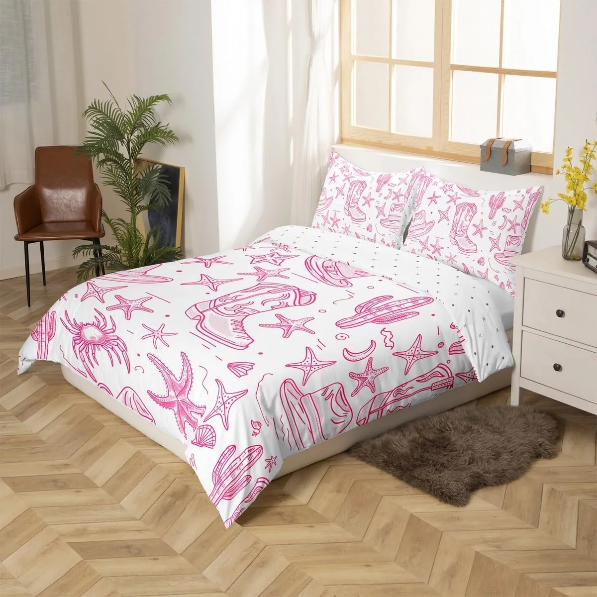 Manfei Cowgirl Boot Bedding Set Coastal Style Starfish Comforter Cover Southwest Cactus Plant Duvet Cover Boys Girls Room Decor Soft Polyester Twin Bedding Collection 2Pcs,No Comforter