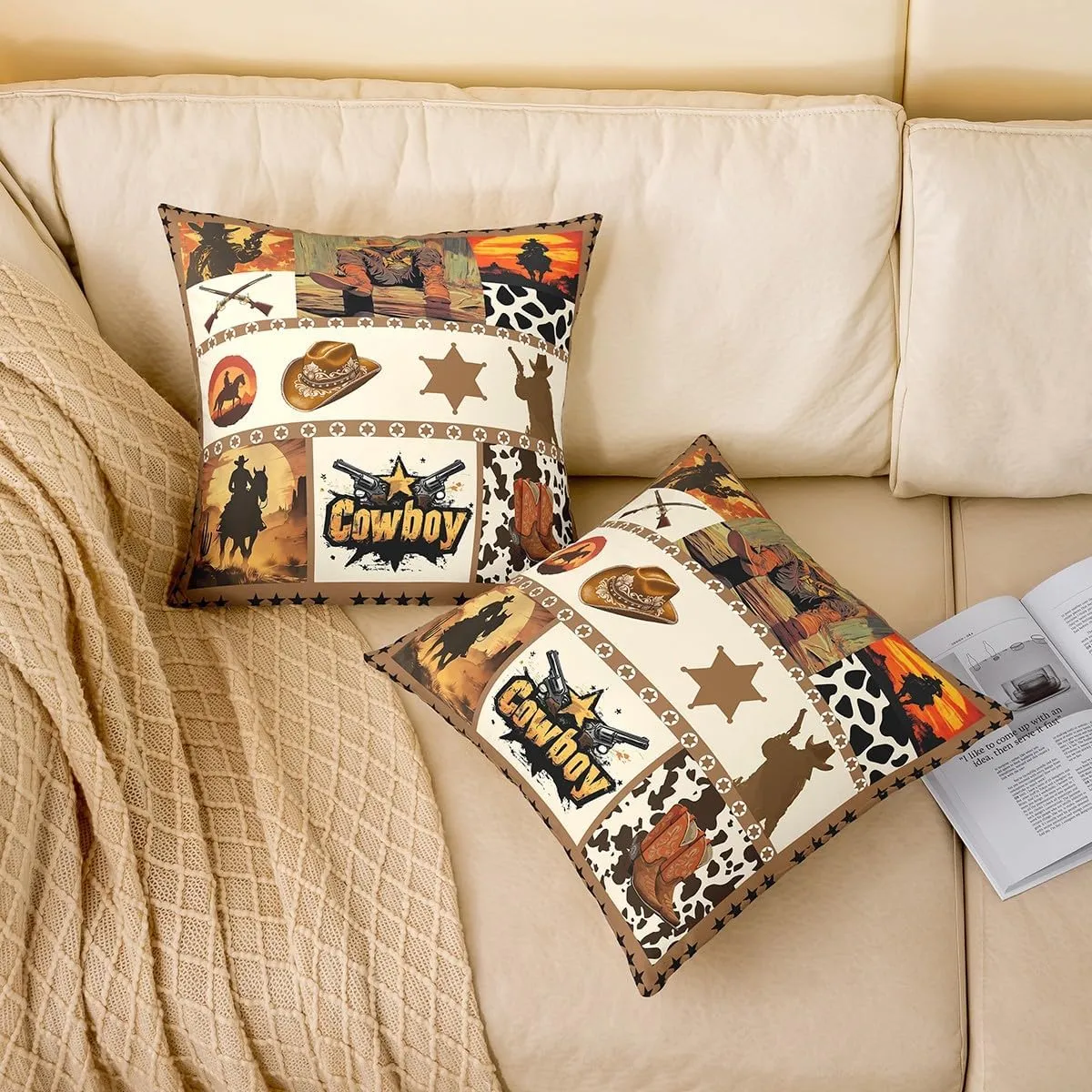 Manfei Western Cowboy Kids Throw Pillow Cover,Hats Boots Cowhide Texas Stars Hunt Gun Double Sides Pillow Case,Geometric Plaids Patchwork Brown Couch Sofa Cushion Cover,2 Pack 22"x22"