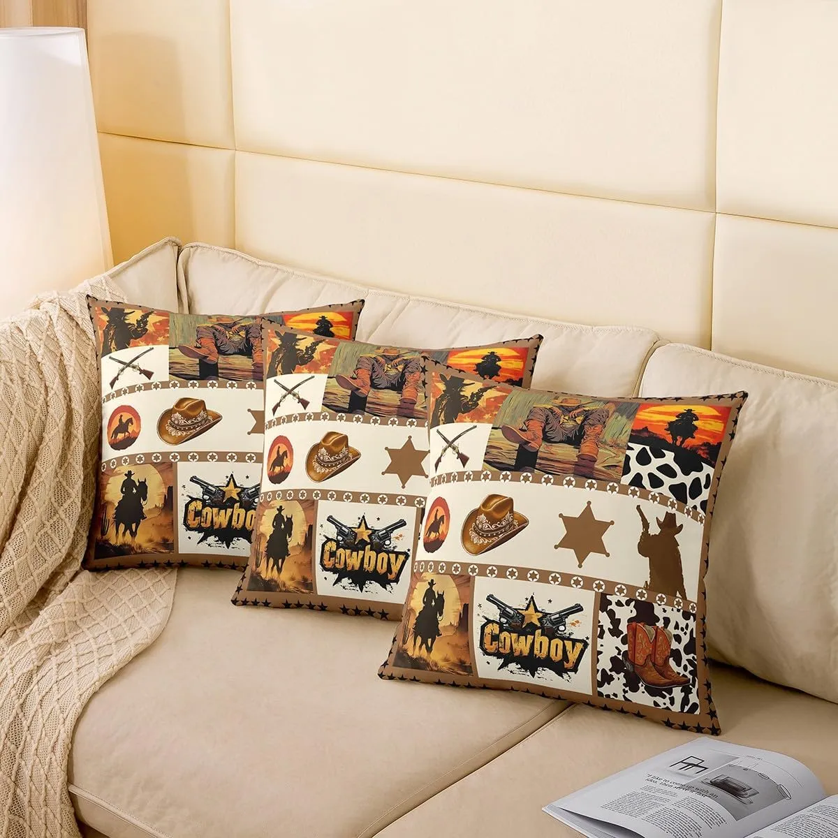 Manfei Western Cowboy Kids Throw Pillow Cover,Hats Boots Cowhide Texas Stars Hunt Gun Double Sides Pillow Case,Geometric Plaids Patchwork Brown Couch Sofa Cushion Cover,2 Pack 22"x22"