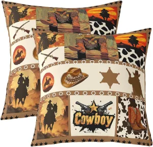 Manfei Western Cowboy Kids Throw Pillow Cover,Hats Boots Cowhide Texas Stars Hunt Gun Double Sides Pillow Case,Geometric Plaids Patchwork Brown Couch Sofa Cushion Cover,2 Pack 22"x22"