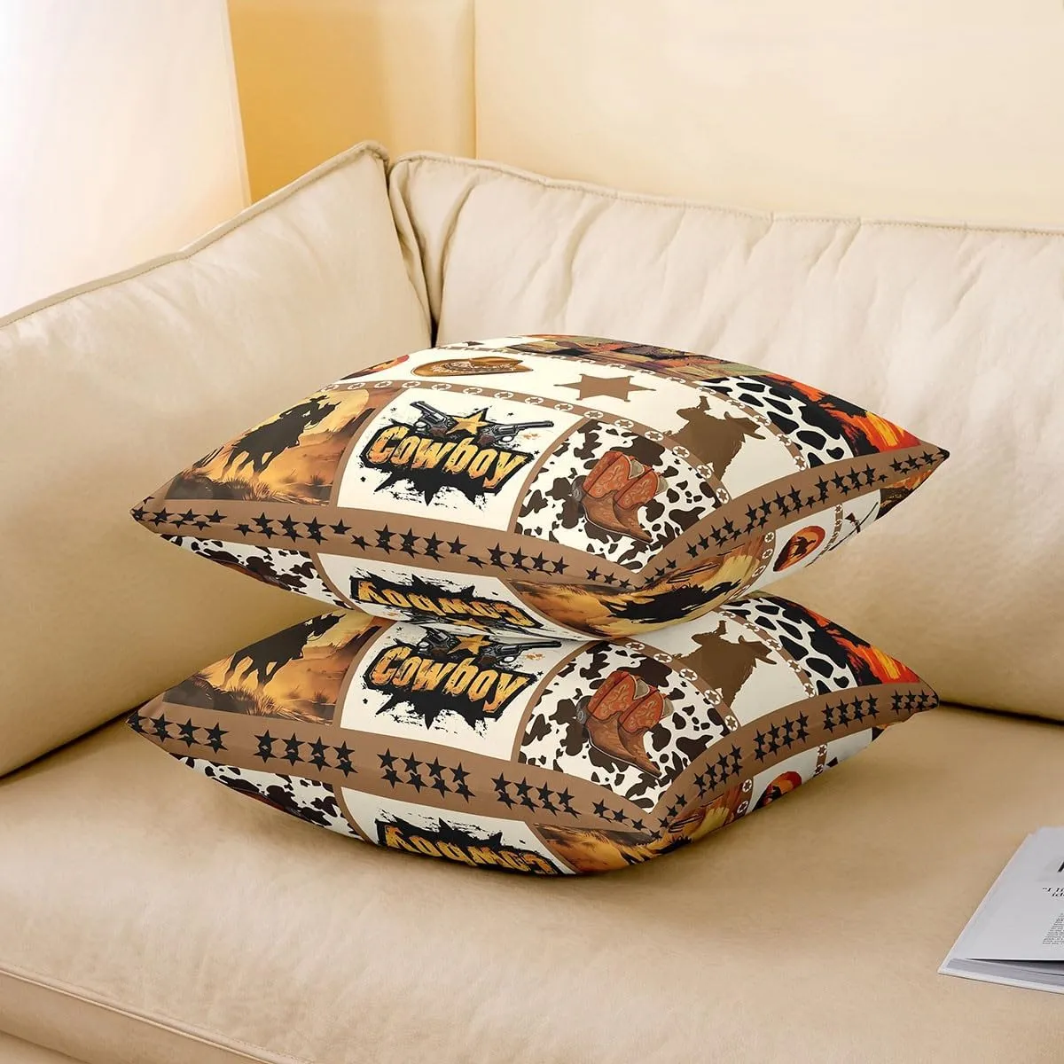 Manfei Western Cowboy Kids Throw Pillow Cover,Hats Boots Cowhide Texas Stars Hunt Gun Double Sides Pillow Case,Geometric Plaids Patchwork Brown Couch Sofa Cushion Cover,2 Pack 22"x22"