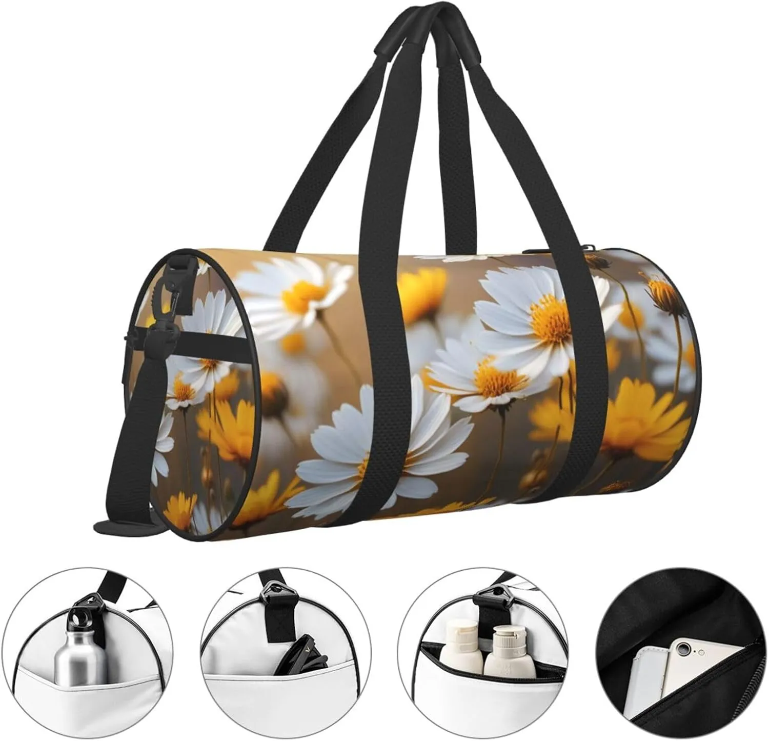Many Golden Flowers Printed Travel Bag,Round Personal Item Storage bag,Foldie Duffel Bag for Traveling Vacation,Fitness,Sports