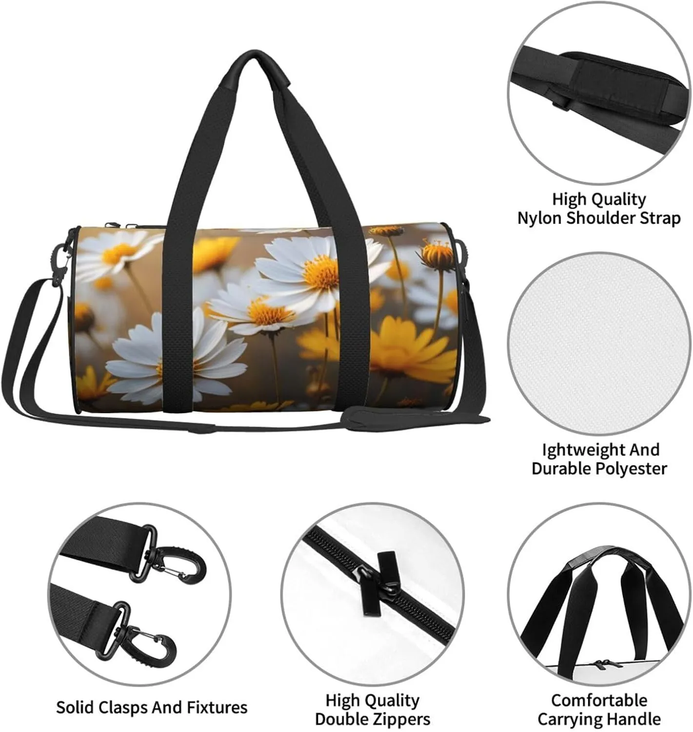 Many Golden Flowers Printed Travel Bag,Round Personal Item Storage bag,Foldie Duffel Bag for Traveling Vacation,Fitness,Sports