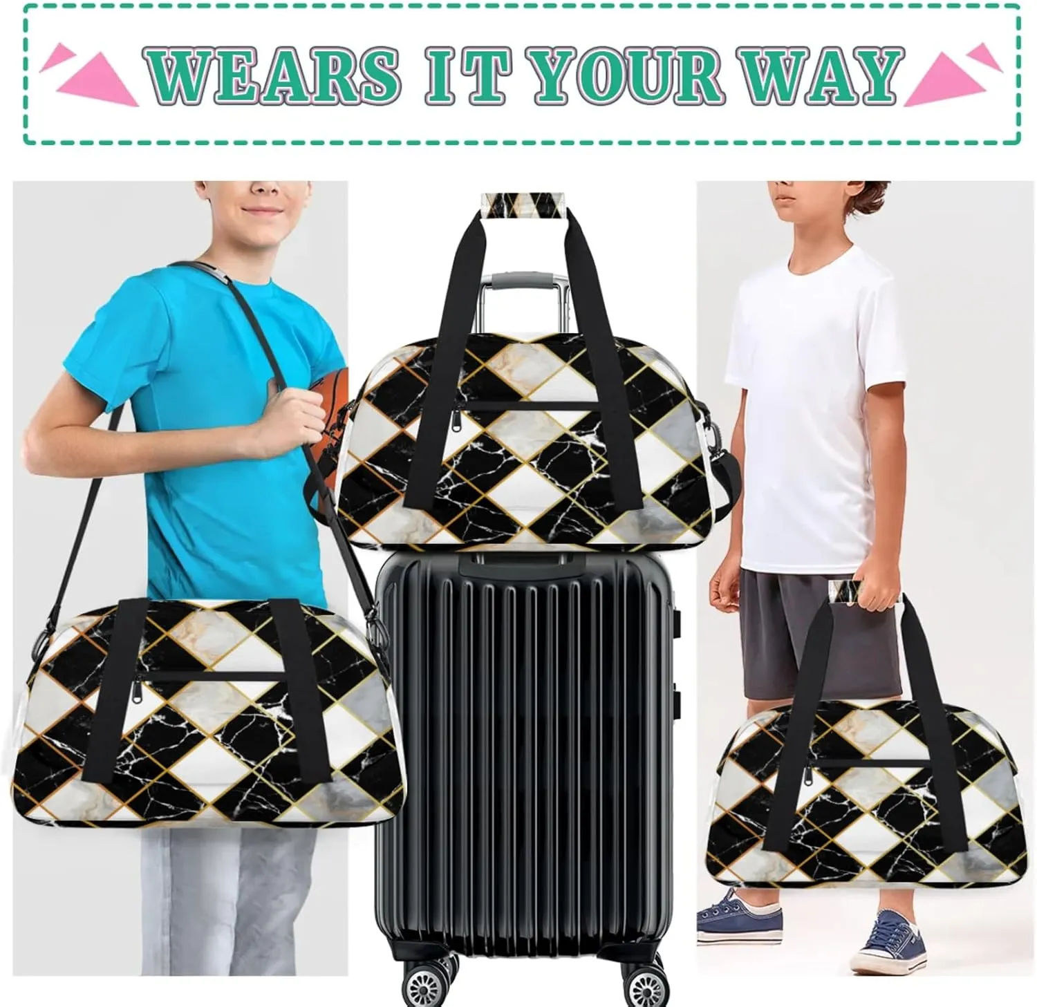 Marble Modern Geometric Small Gym Bag for Women Men, Travel Duffle Bag Workout Dance Tote Bag Carry On Overnight Weekender Bag