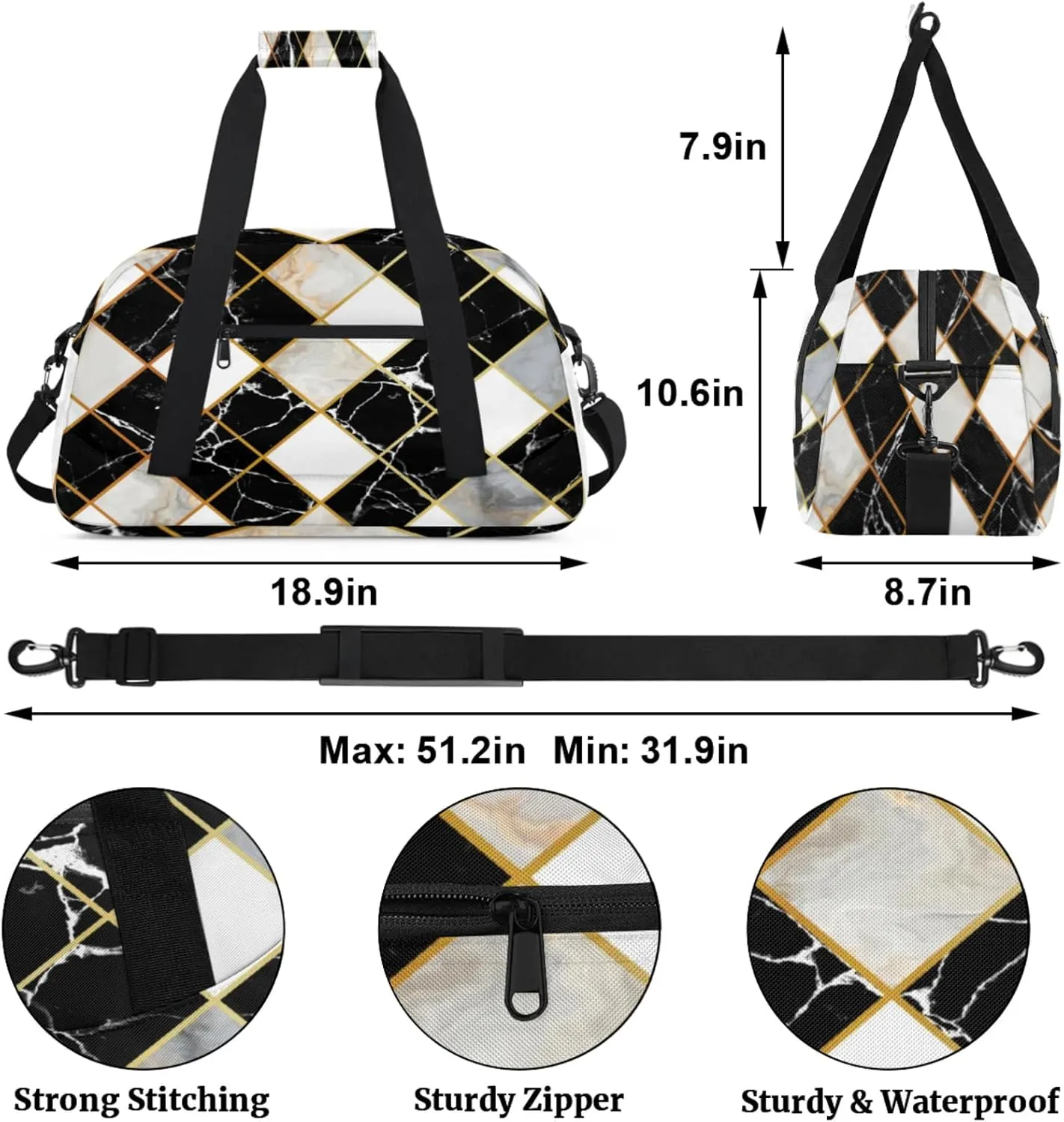 Marble Modern Geometric Small Gym Bag for Women Men, Travel Duffle Bag Workout Dance Tote Bag Carry On Overnight Weekender Bag