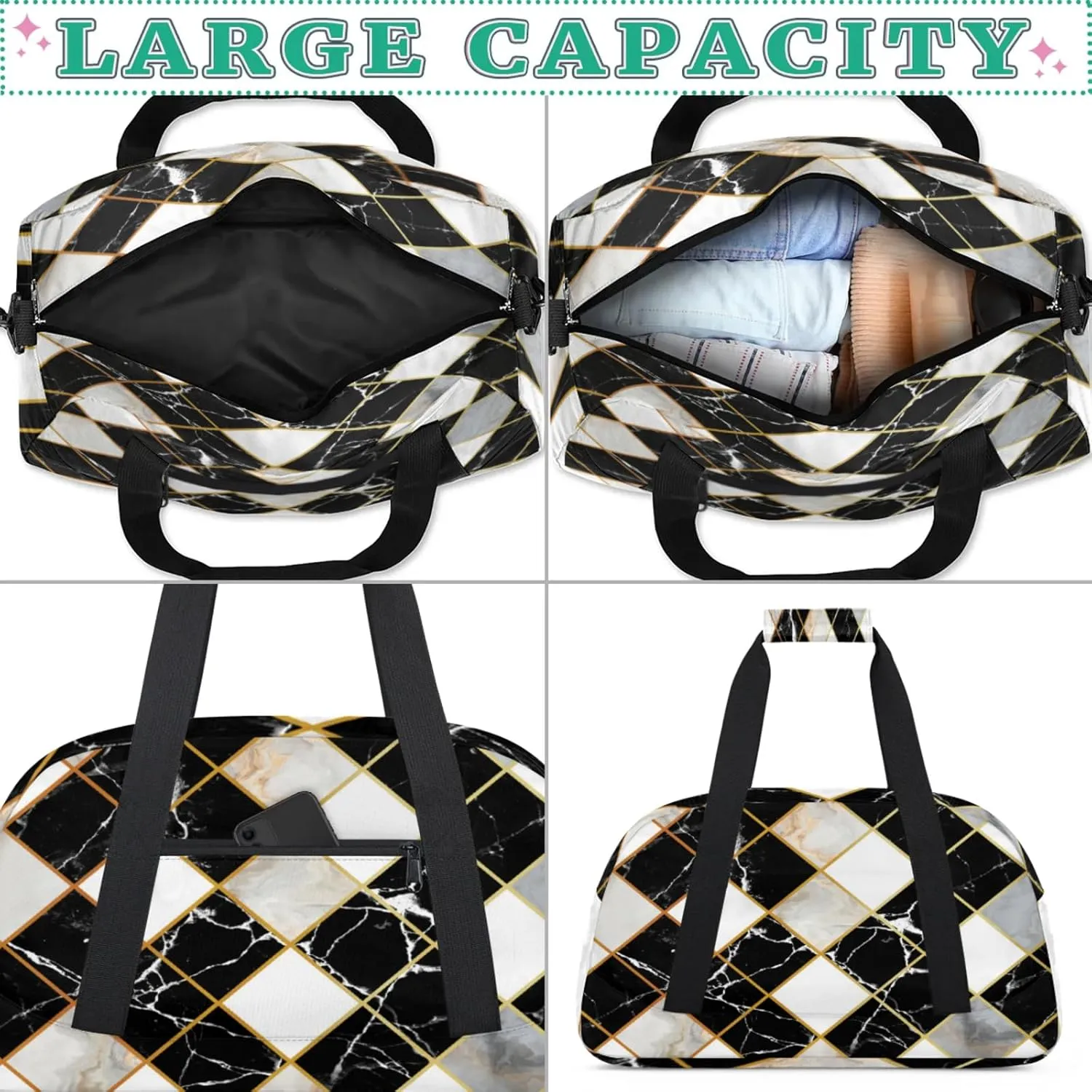 Marble Modern Geometric Small Gym Bag for Women Men, Travel Duffle Bag Workout Dance Tote Bag Carry On Overnight Weekender Bag