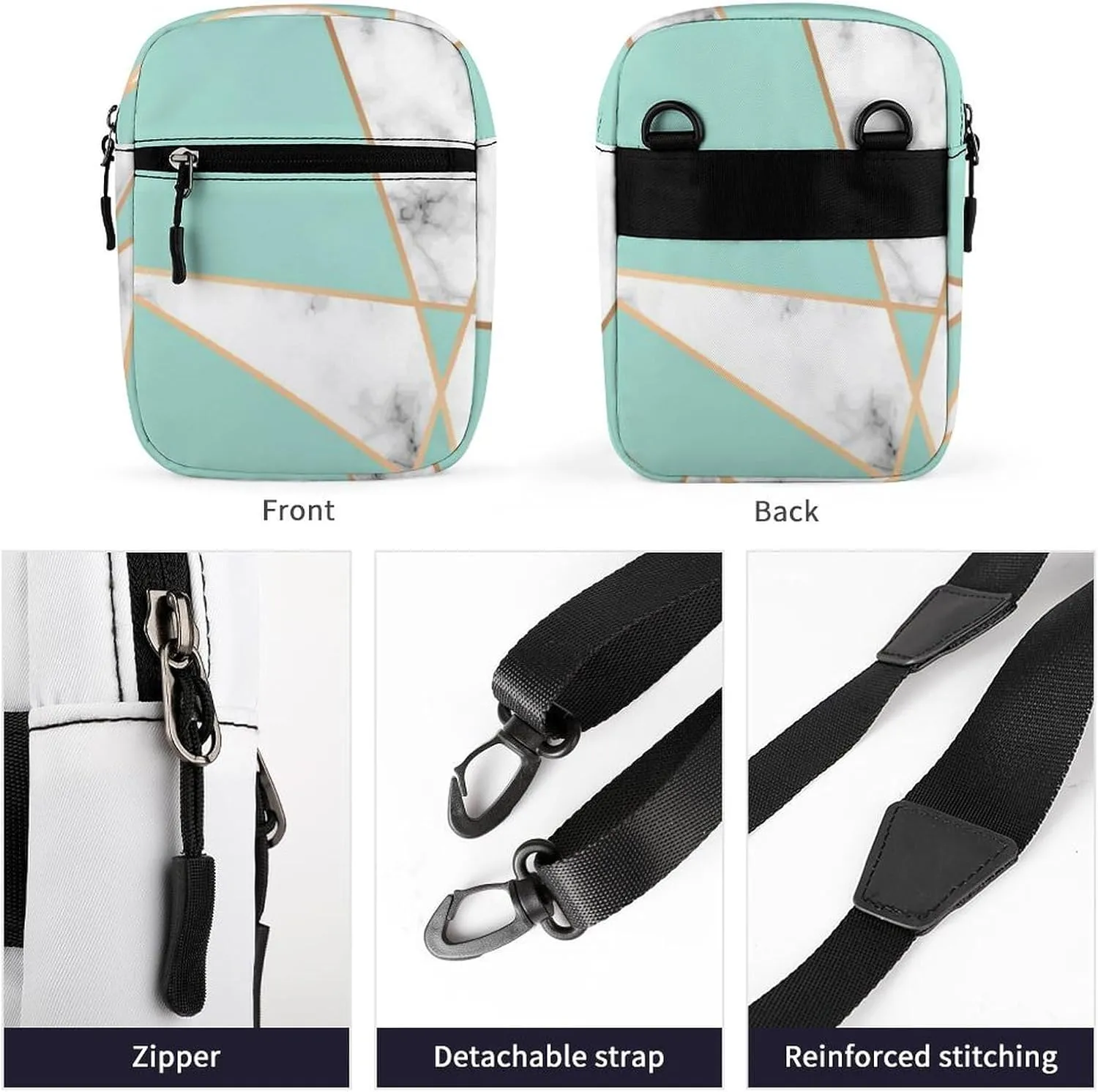 Marbling Golden Geometric Lines, Turquoise and White Marbled Adjustable Fanny Waist Pack Pouch, Waterproof Crossbody Runners Bag Wallet for Gym Hiking Fitness Women Men 6.1 x 2.2 x 7.9 inch