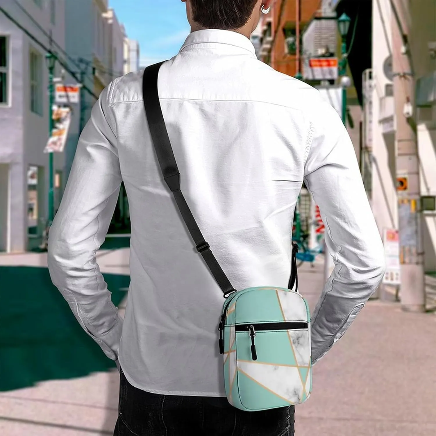Marbling Golden Geometric Lines, Turquoise and White Marbled Adjustable Fanny Waist Pack Pouch, Waterproof Crossbody Runners Bag Wallet for Gym Hiking Fitness Women Men 6.1 x 2.2 x 7.9 inch