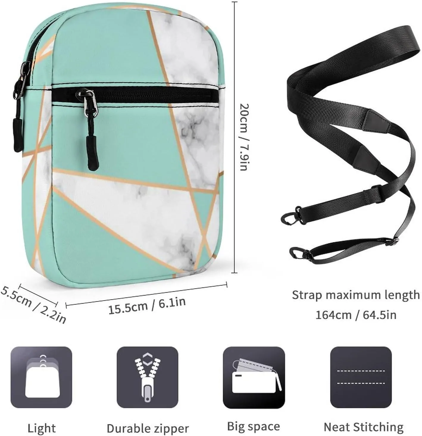 Marbling Golden Geometric Lines, Turquoise and White Marbled Adjustable Fanny Waist Pack Pouch, Waterproof Crossbody Runners Bag Wallet for Gym Hiking Fitness Women Men 6.1 x 2.2 x 7.9 inch