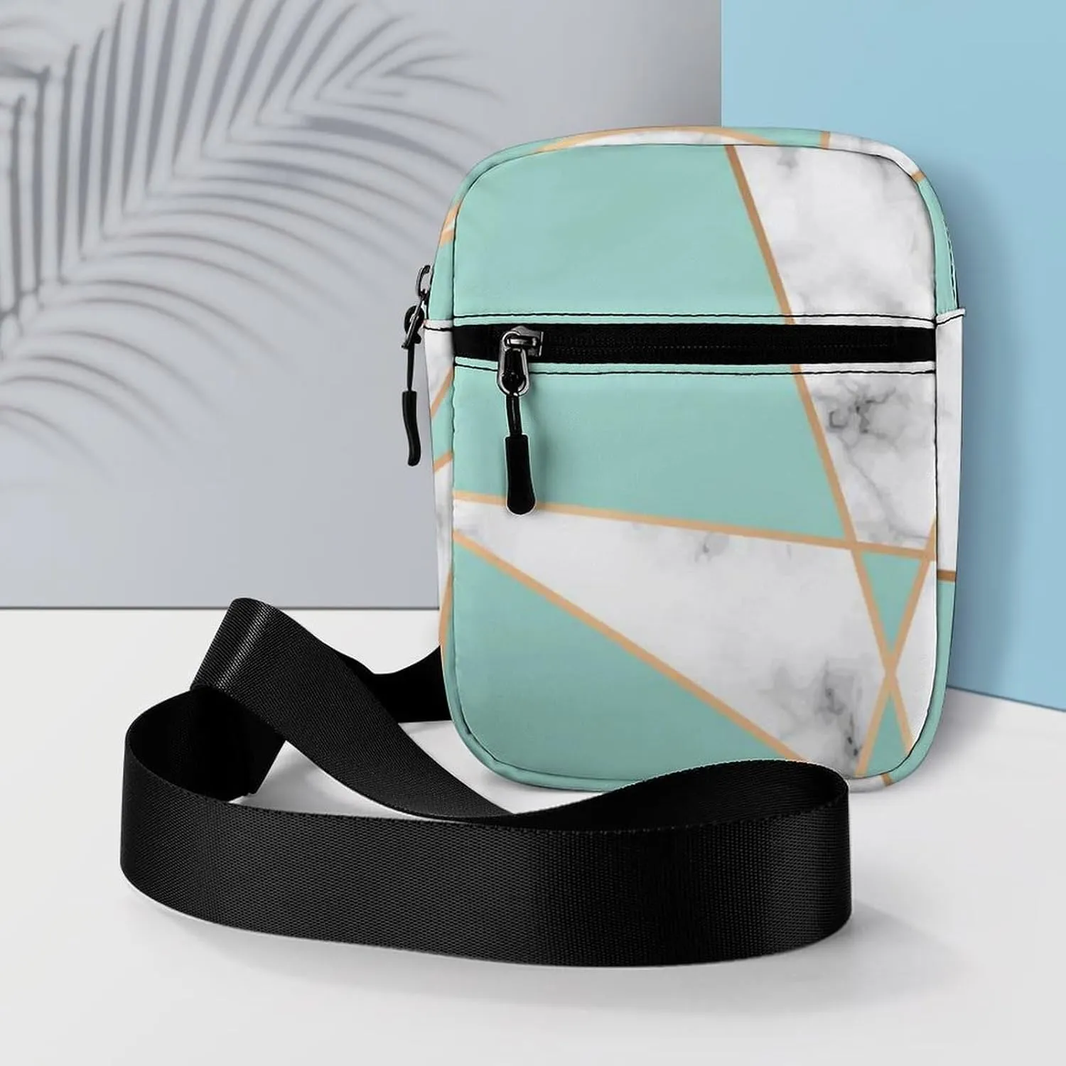 Marbling Golden Geometric Lines, Turquoise and White Marbled Adjustable Fanny Waist Pack Pouch, Waterproof Crossbody Runners Bag Wallet for Gym Hiking Fitness Women Men 6.1 x 2.2 x 7.9 inch