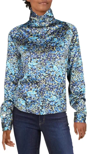 Marciano Womens Blue Printed Cuffed Sleeve Turtle Neck Button Up Top 38