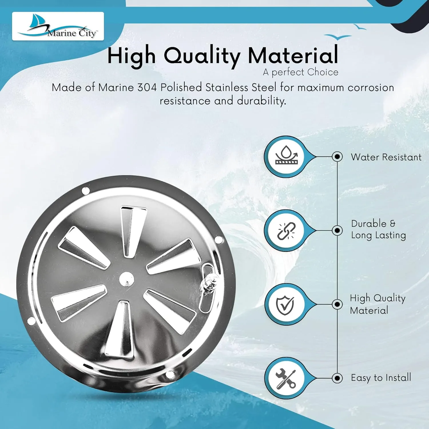 MARINE CITY 304 Grade Polished Stainless Steel Cabin Ventilation Plate Round Louver Vent Cover Butterfly Air Vent Gill Plate with Side Knob for Marine Yacht