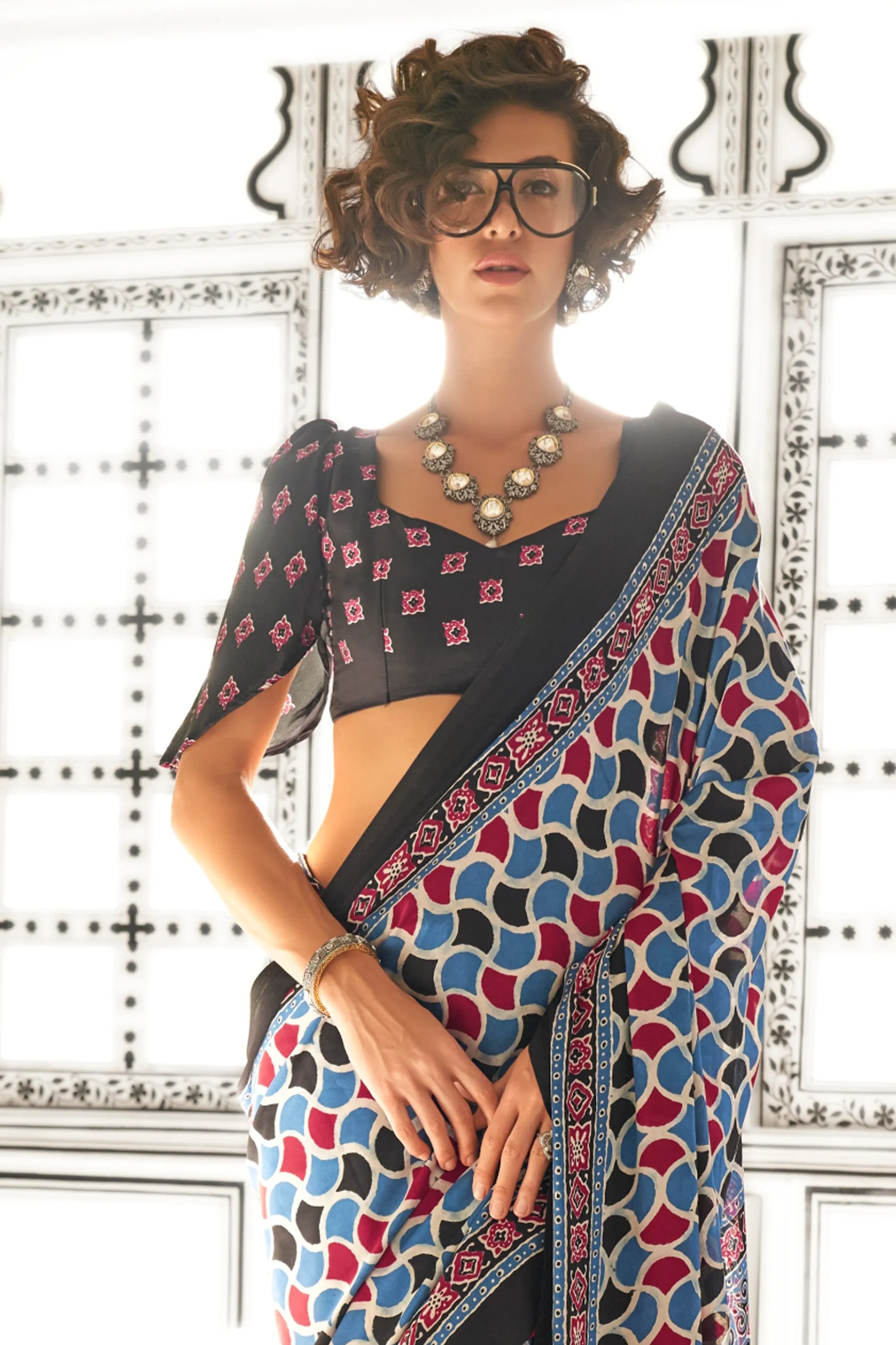 Marvellous Printed Work On Crepe Fabric Saree In Sky Blue Color