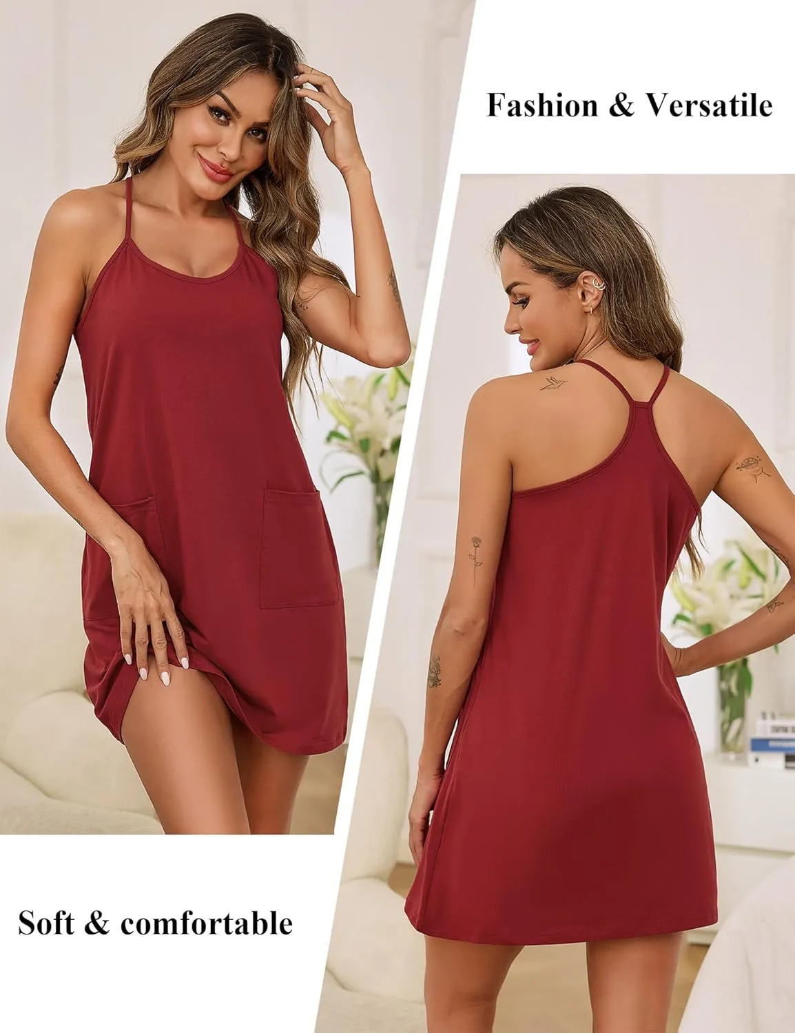 Marvmys Women's Sleeveless Short Nightgowns Racerback Sleep Dress with Pockets Scoop Neck Chemise Sleepwear