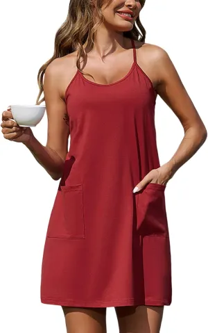 Marvmys Women's Sleeveless Short Nightgowns Racerback Sleep Dress with Pockets Scoop Neck Chemise Sleepwear